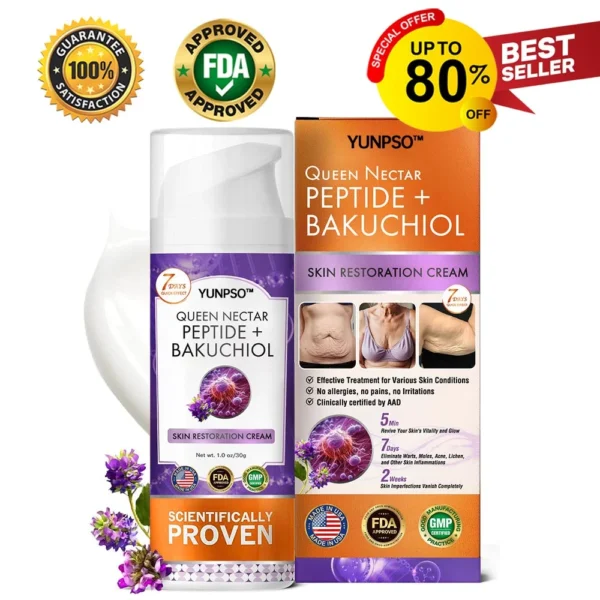 YUNPSO™ Queen Nectar Peptide + Bakuchiol Skin Restoration Cream - Anti-aging, Hydrating, Skin Firming & Lifting, Skin Repair, Even Tone, Acne and Dark Spot Treatment, Wart and Mole Removal, and Psoriasis Relief.